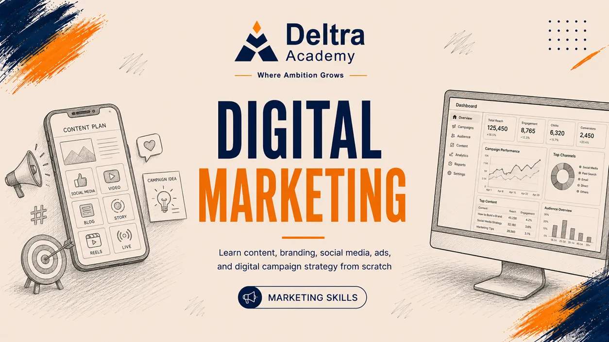 دورة Digital Marketing لتعلم استراتيجيات التسويق الرقمي وصناعة المحتوى والإعلانات وإدارة وتحليل الحملات التسويقية.