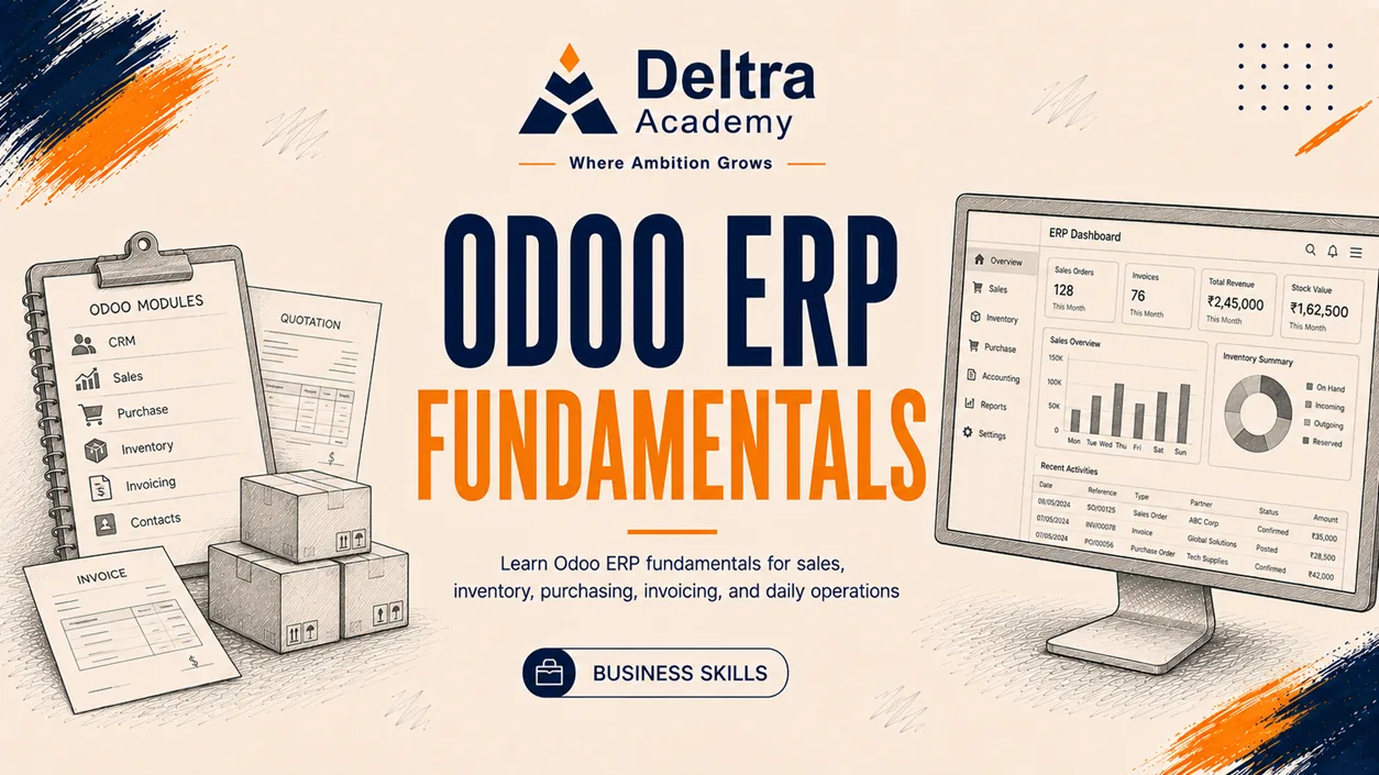 دورة Odoo ERP Fundamentals لتعلم إدارة المبيعات والمشتريات والعملاء والمخزون والفواتير باستخدام Odoo.