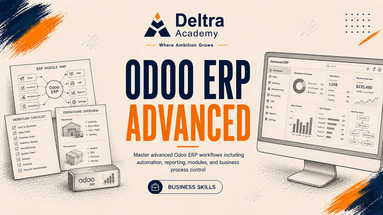 دورة Odoo ERP Advanced لإدارة العمليات المتقدمة والمخزون والمحاسبة وMulti-Company والأتمتة والتقارير داخل Odoo.