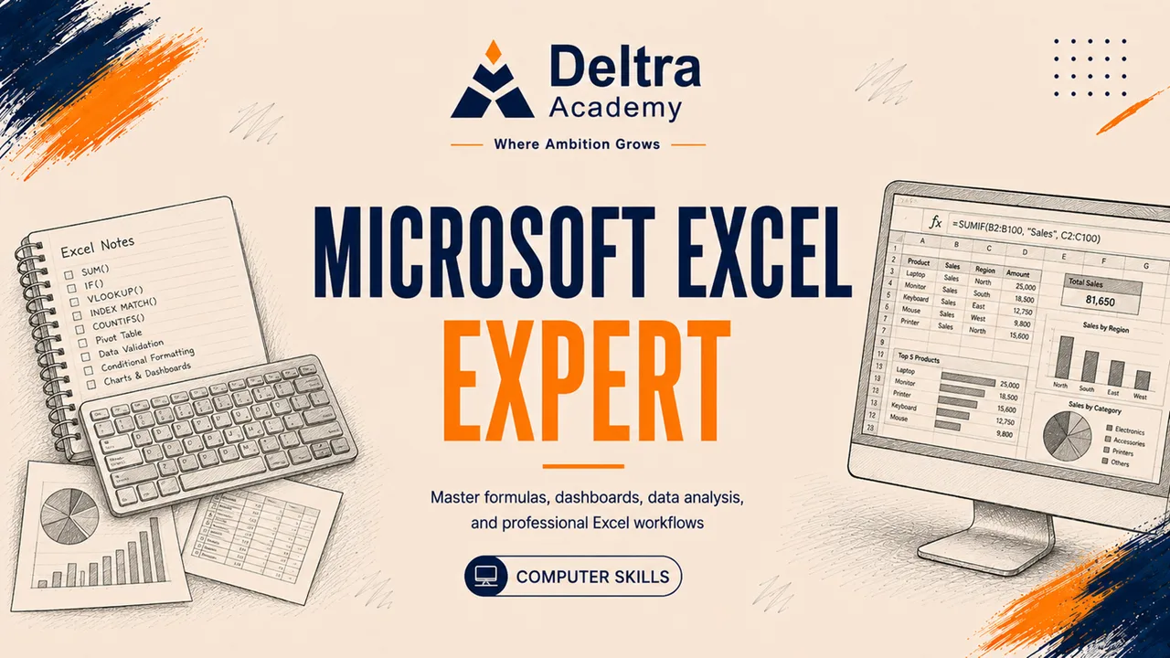 دورة Microsoft Excel Expert لتعلم الدوال المتقدمة وتحليل البيانات وPivotTables وPower Query وبناء التقارير والـDashboards.