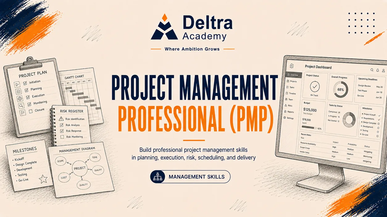 دورة Project Management Professional (PMP) لتعلم إدارة المشاريع والقيادة والتخطيط والمخاطر وAgile وHybrid والتحضير لاختبار PMP.