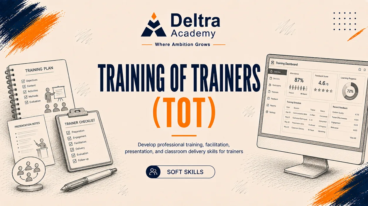 دورة Training of Trainers TOT لمدة 40 ساعة لتعلم تصميم وتقديم وإدارة البرامج والجلسات التدريبية باحترافية.