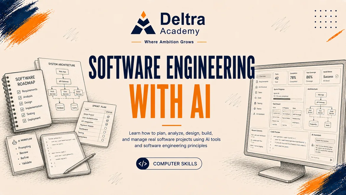 غلاف دورة هندسة البرمجيات باستخدام الذكاء الاصطناعي من DELTRA Academy، دورة عملية لبناء مشروع برمجي متكامل باستخدام AI ومنهجيات Software Engineering.