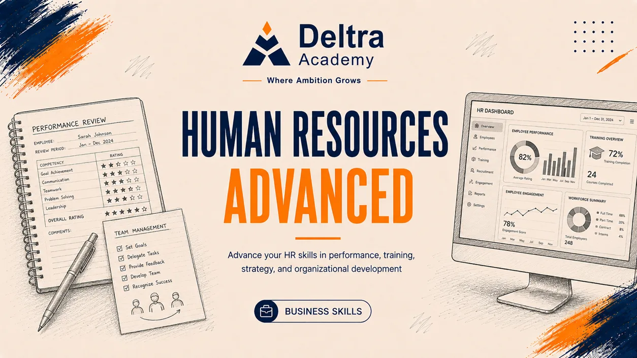 دورة Human Resources Advanced لمدة 40 ساعة في الإدارة الاستراتيجية للموارد البشرية وإدارة المواهب والأداء والتحليل.