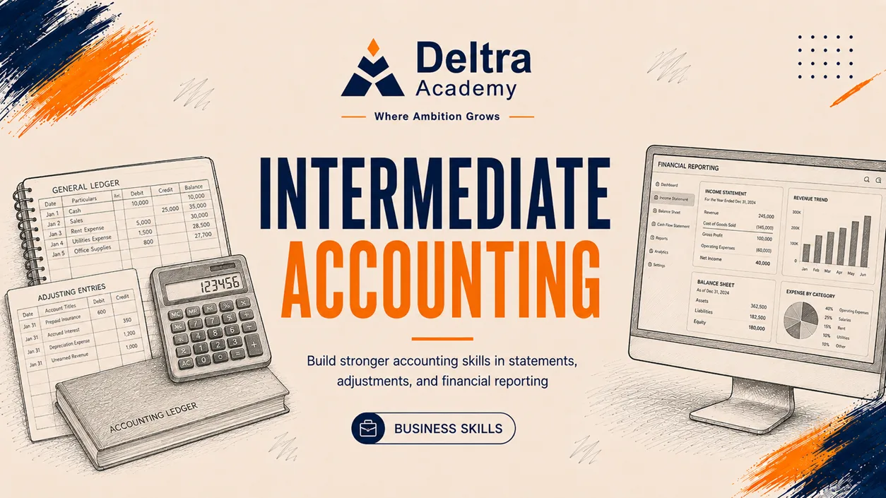 دورة Intermediate Accounting لمدة 36 ساعة لتعلم المحاسبة المتوسطة والمعالجات المحاسبية والتحليل المالي.