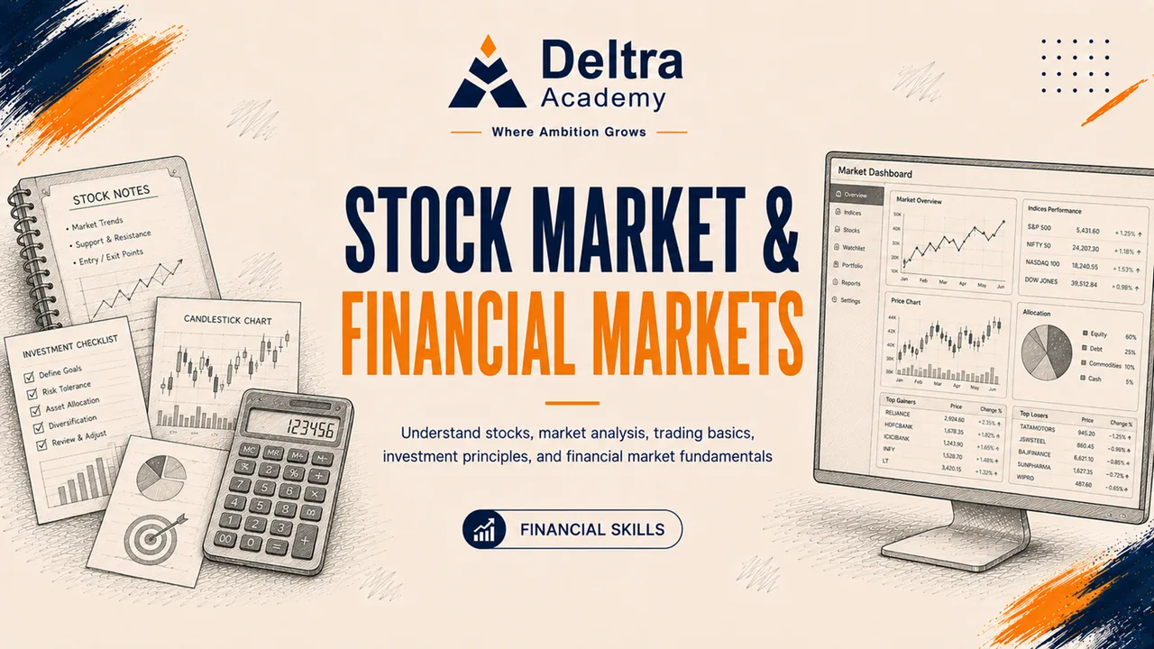 دورة Stock Market & Financial Markets لتعلم البورصة والأسهم والاستثمار والتحليل الأساسي والفني وإدارة المخاطر.